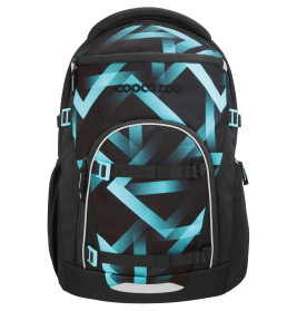 Schwarzer Rucksack mit blauem Muster und COOCAZOO-Logo vorne, mehrere Reißverschlusstaschen sichtbar.