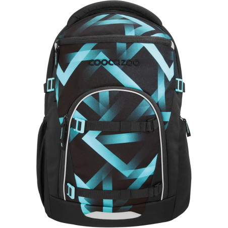 Schwarzer Rucksack mit blauem Muster und COOCAZOO-Logo vorne, mehrere Reißverschlusstaschen sichtbar.