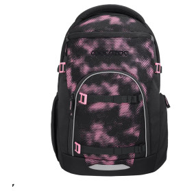 Schwarzer Rucksack mit pink-weißem Camouflagemuster und pinken Schnallen, Ansicht von vorn.
