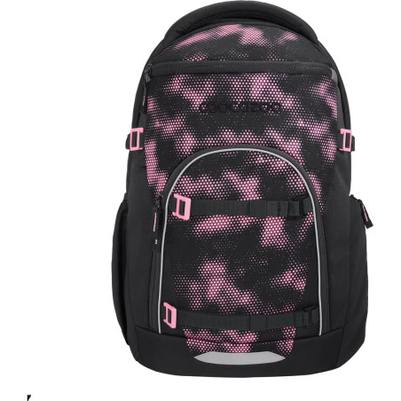 Schwarzer Rucksack mit pink-weißem Camouflagemuster und pinken Schnallen, Ansicht von vorn.