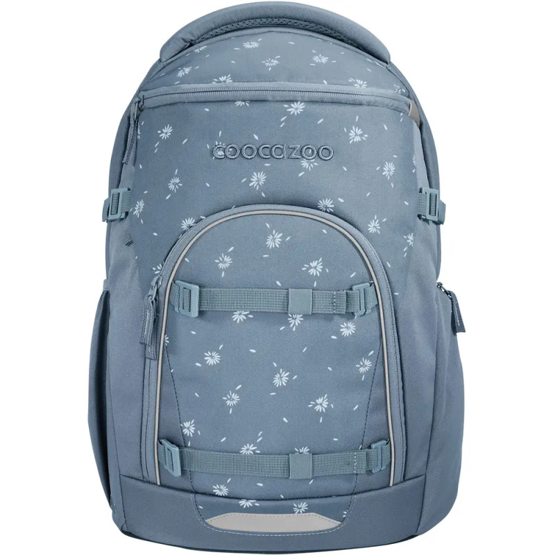 Hellblauer Rucksack mit weißen Sternmustern und mehreren Reißverschlussfächern vor weißem Hintergrund.