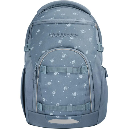 Hellblauer Rucksack mit weißen Sternmustern und mehreren Reißverschlussfächern vor weißem Hintergrund.