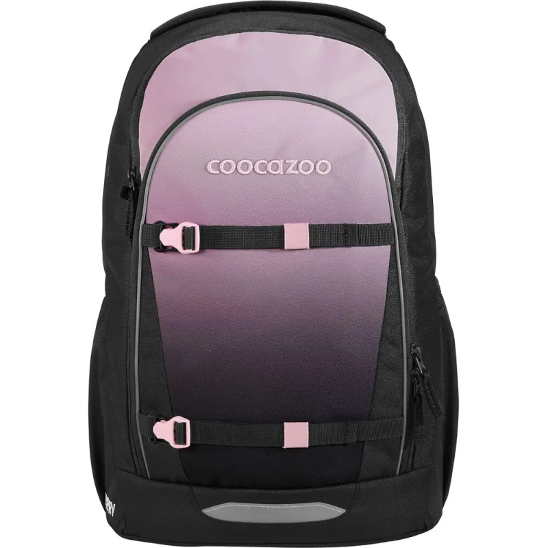 Schwarzer und pinker Coocazoo-Rucksack mit Frontschnallen und Reißverschluss-Fronttasche.