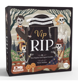 Spieleschachtel "Vip RIP" mit Cartoon-Skeletten und Musikinstrumenten auf einem Friedhof.