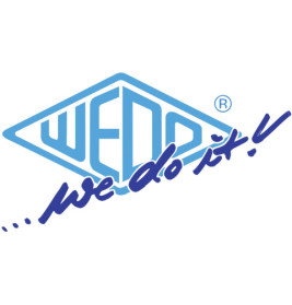 Blaues WEDA-Logo mit dem Slogan "...we do it!" in Schreibschrift auf weißem Hintergrund.