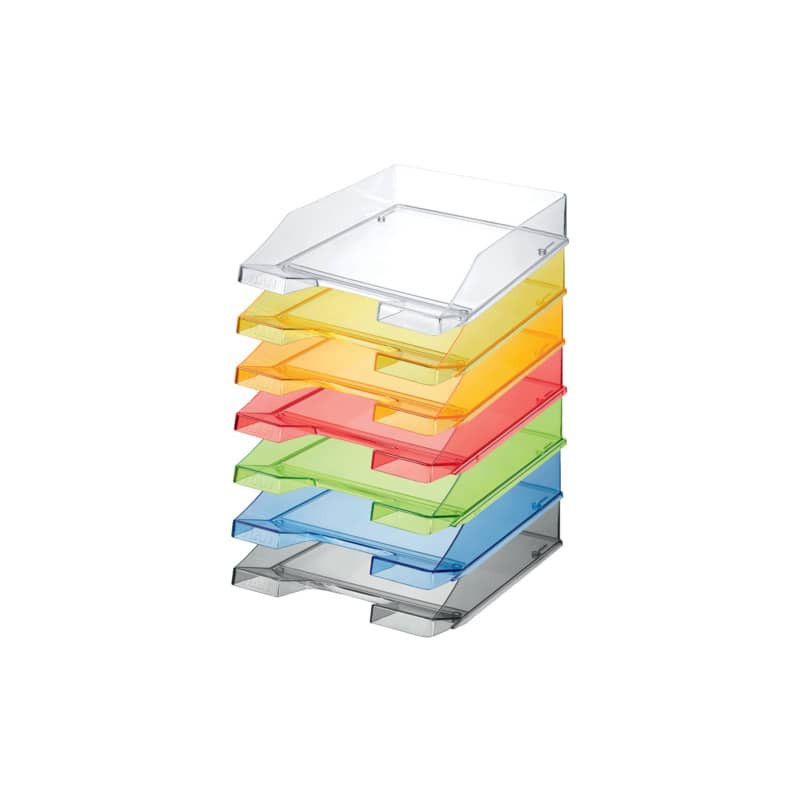 Sechs bunte, transparente Ablagefächer aus Plastik stehen vertikal übereinander gestapelt.