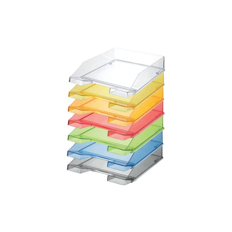 Sechs transparente Ablagen in verschiedenen Farben zum Ordnen von Papier sind übereinandergestapelt.