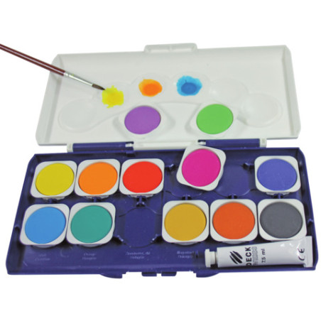 Geöffnetes Aquarellfarbset mit Pinsel, bunten Farbnäpfen und einer Tube weißer Farbe.