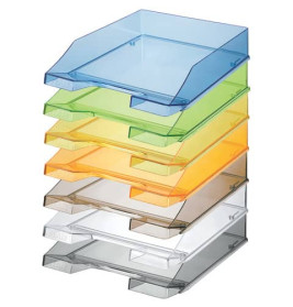 Sechs transparente Ablagefächer aus Kunststoff in Blau, Grün, Gelb, Orange, Weiß und Grau sind gestapelt.