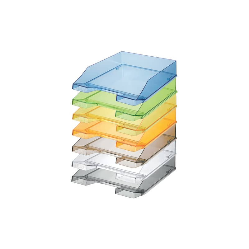 Sechs transparente Ablagefächer aus Kunststoff in Blau, Grün, Gelb, Orange, Weiß und Grau sind gestapelt.