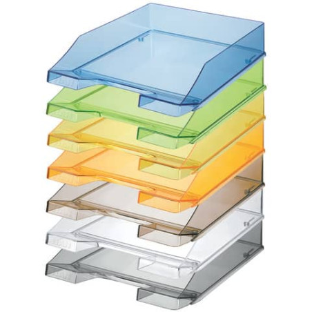 Sechs transparente Ablagefächer aus Kunststoff in Blau, Grün, Gelb, Orange, Weiß und Grau sind gestapelt.