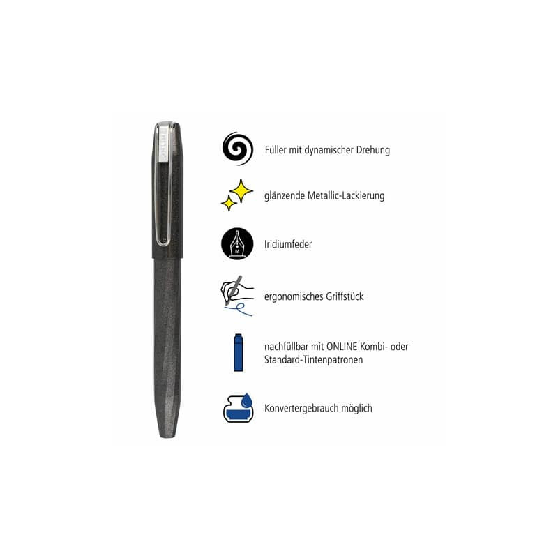 Schwarzer Füller mit Clip; Icons und deutsche Stichpunkte zu Iridiumfeder und ergonomischem Griff.