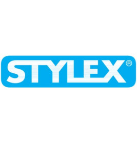 Blaues Rechteck mit mittig platziertem, weißem Schriftzug "STYLEX" in fetten Großbuchstaben.