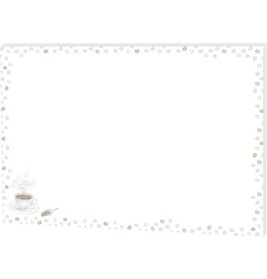 Weißer rechteckiger Rahmen mit gepunktetem Rand, unten links eine kleine Kaffeetasse mit Löffel.