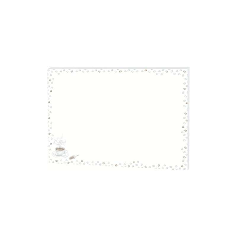 Weißer rechteckiger Rahmen mit gepunktetem Rand, unten links eine kleine Kaffeetasse mit Löffel.