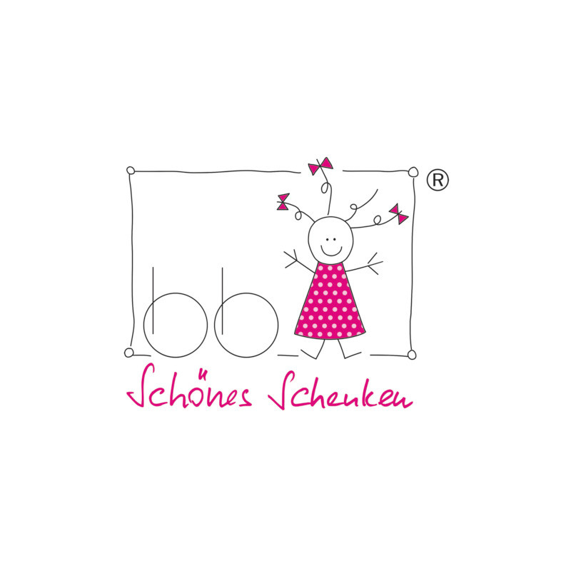 Kindliche Zeichnung: Lächelndes Mädchen im rosa gepunkteten Kleid neben zwei Geschenken, Text "Schönes Schenken".