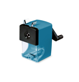 Blauer manueller Anspitzer mit Kurbel und transparentem Auffangbehälter für Späne.