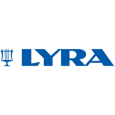 Blauer LYRA-Schriftzug mit Leiersymbol links, zentriert auf weißem Hintergrund.