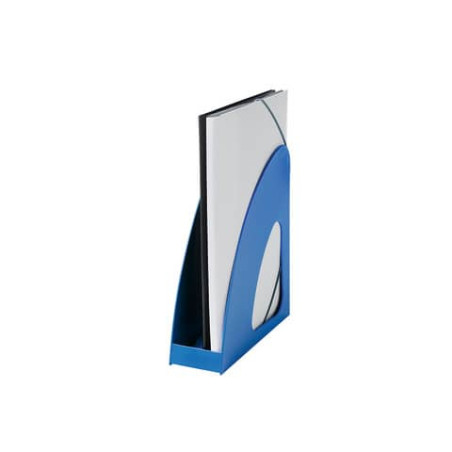 Blau-grauer, vertikaler Ablageorganizer mit einigen weißen Ordnern vor weißem Hintergrund.