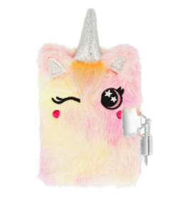Pastellfarbenes Einhorn-Tagebuch mit flauschigem Bezug, silbernem Horn, Schloss, Schlüsseln und gestickten Details.