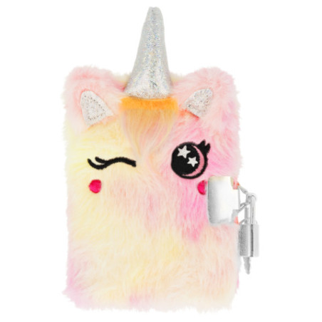 Pastellfarbenes Einhorn-Tagebuch mit flauschigem Bezug, silbernem Horn, Schloss, Schlüsseln und gestickten Details.