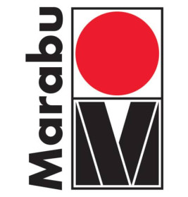 Marabu-Logo: Roter Kreis über schwarzem M, links daneben vertikaler Schriftzug "Marabu".