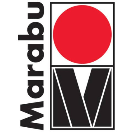 Marabu-Logo: Roter Kreis über schwarzem M, links daneben vertikaler Schriftzug "Marabu".