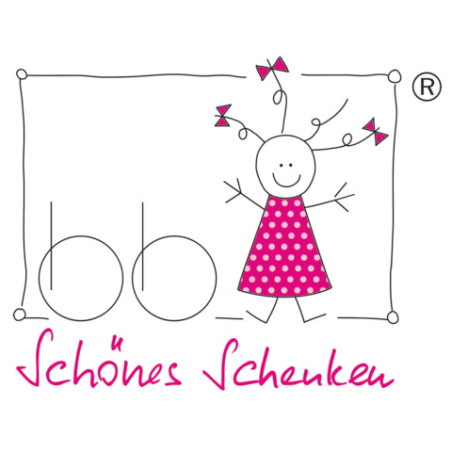 Logo: Strichmädchen im rosa Kleid neben "bb", darunter der Text "Schönes Schenken" in Pink.