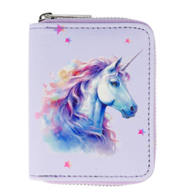 Lavendelfarbenes Portemonnaie mit bunter Einhorn-Abbildung, kleinen rosa Sternen und silbernem Reißverschluss.