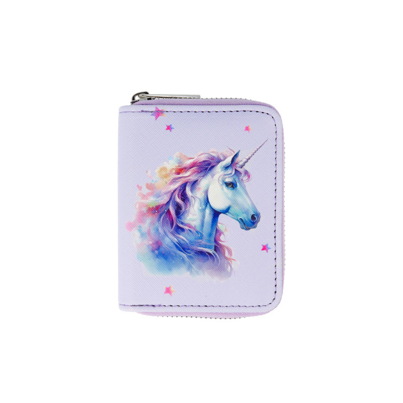 Lavendelfarbenes Portemonnaie mit bunter Einhorn-Abbildung, kleinen rosa Sternen und silbernem Reißverschluss.