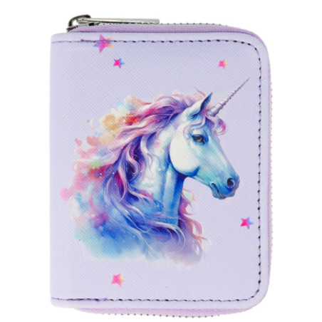 Lavendelfarbenes Portemonnaie mit bunter Einhorn-Abbildung, kleinen rosa Sternen und silbernem Reißverschluss.