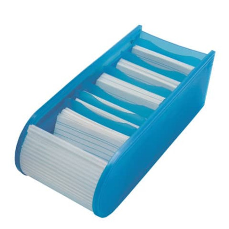 Blauer Kunststoff-Kartenhalter mit mehreren Fächern zur Organisation von Index- oder Visitenkarten.