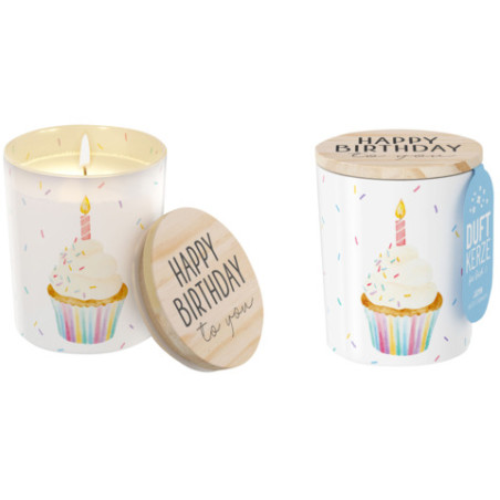 Geburtstagskerze im Glas mit Cupcake-Motiv, "Happy Birthday to you"-Deckel und Konfetti-Design.