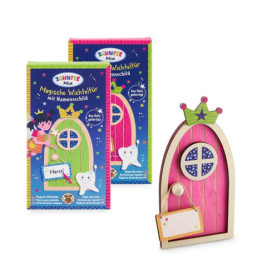 Farbenfrohes Zahnfee-Türchen-Set mit Verpackung, pinker Tür, Krone und hängendem Notizschild.