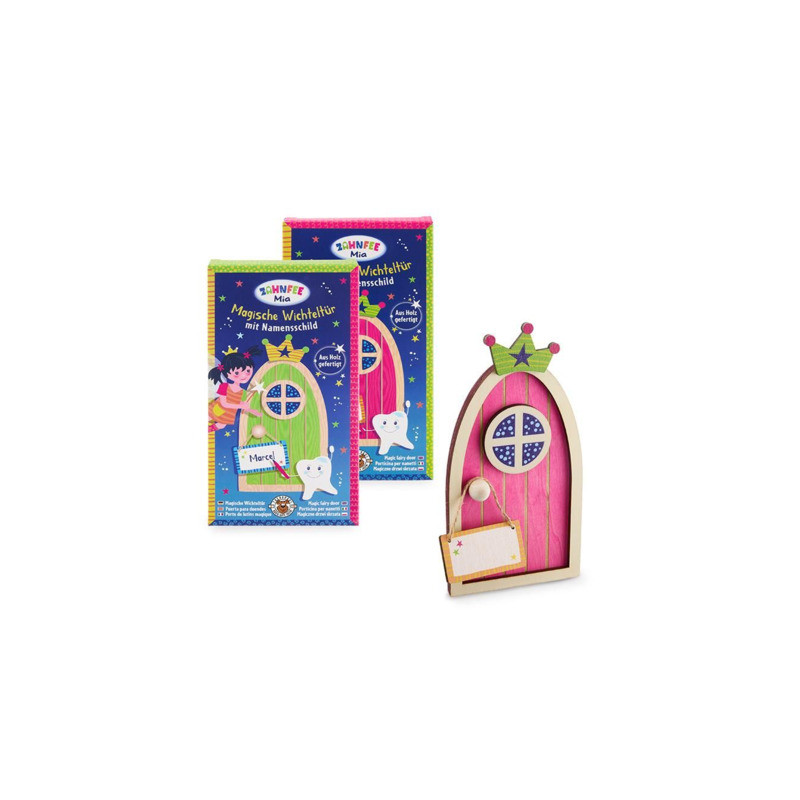 Farbenfrohes Zahnfee-Türchen-Set mit Verpackung, pinker Tür, Krone und hängendem Notizschild.