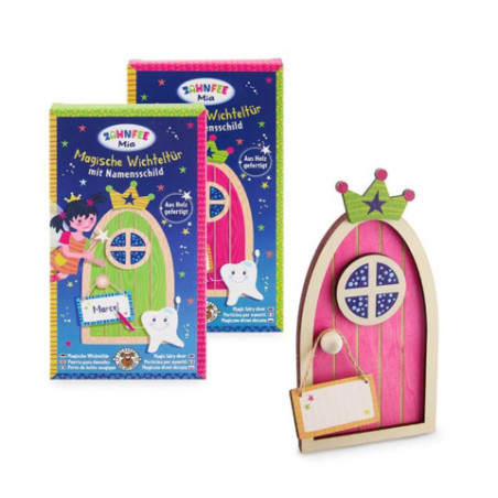 Farbenfrohes Zahnfee-Türchen-Set mit Verpackung, pinker Tür, Krone und hängendem Notizschild.