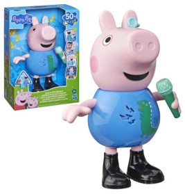 Peppa Pig George Spielfigur mit grünem Mikrofon, im Hintergrund ist die Verpackung zu sehen.