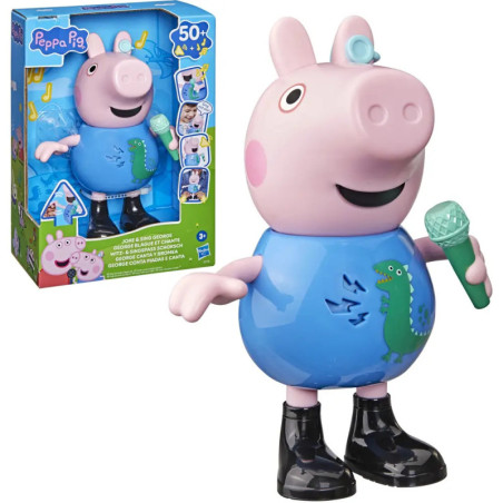 Peppa Pig George Spielfigur mit grünem Mikrofon, im Hintergrund ist die Verpackung zu sehen.