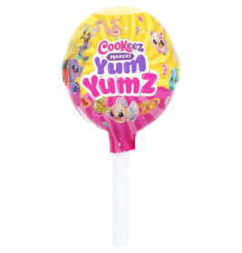 Bunter Cookeez Makery Yum Yumz Lutscher mit Tiermotiven auf gelb-pinker Verpackung.