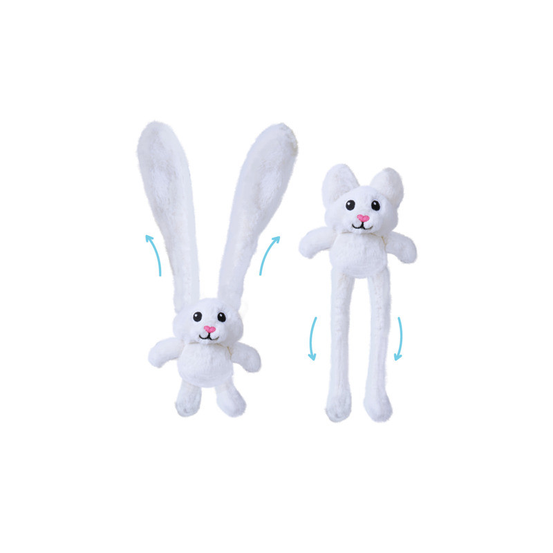 Zwei weiße Plüschtiere mit ausziehbaren Ohren und Beinen stehen nebeneinander auf weißem Hintergrund.