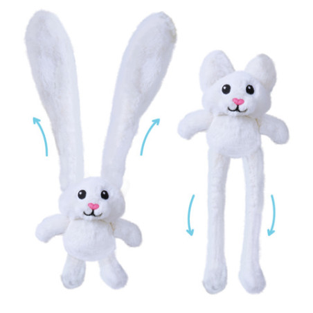 Zwei weiße Plüschtiere mit ausziehbaren Ohren und Beinen stehen nebeneinander auf weißem Hintergrund.