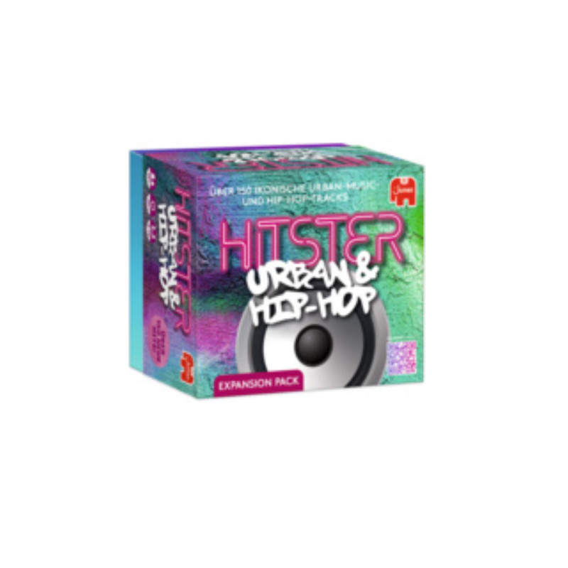 Bunte Box des HITSTER Urban & Hip-Hop Expansion Pack mit Lautsprecher-Grafik auf der Vorderseite.