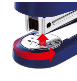 Nahaufnahme eines blauen Hefters mit roten Pfeilen, die die Bewegung der Heftplatte zeigen.