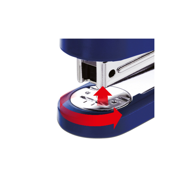 Nahaufnahme eines blauen Hefters mit roten Pfeilen, die die Bewegung der Heftplatte zeigen.