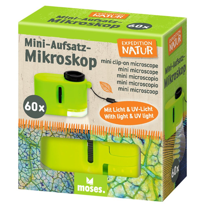 Grüne Mini-Mikroskopbox mit Aufschrift, Blattmuster und Mikroskopabbildung auf der Vorderseite.