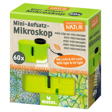 Grüne Mini-Mikroskopbox mit Aufschrift, Blattmuster und Mikroskopabbildung auf der Vorderseite.