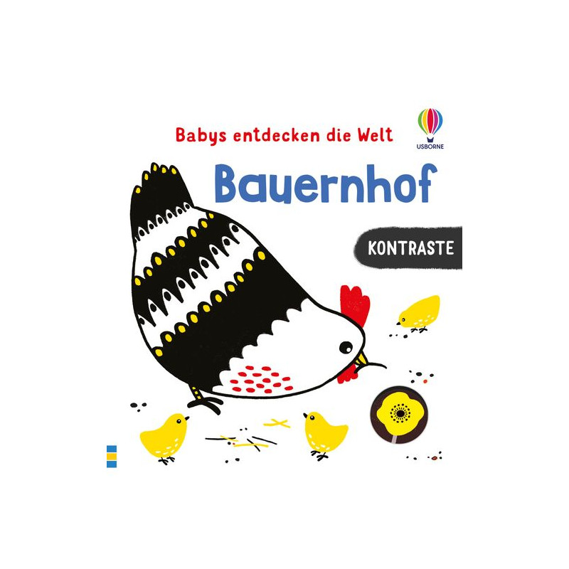 Buchcover mit Henne und Küken, deutscher Schrift und starken Kontrasten in Schwarz, Weiß und Gelb.