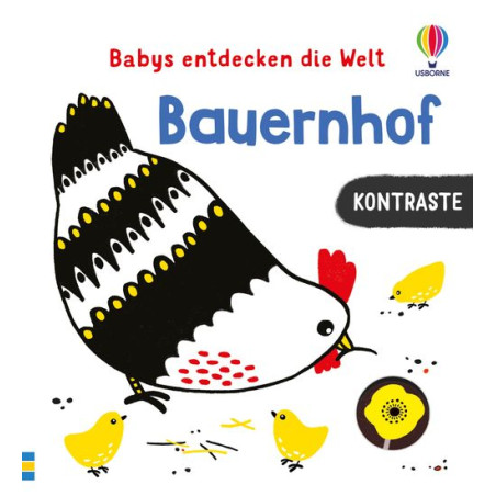 Buchcover mit Henne und Küken, deutscher Schrift und starken Kontrasten in Schwarz, Weiß und Gelb.