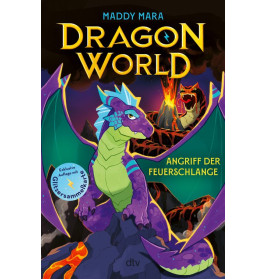 Buchcover mit blau-grünem Drachen, ausbrechendem Vulkan im Hintergrund und dem deutschen Titel "Angriff der Feuerschlange".