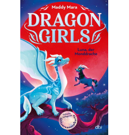 Buchcover von "Dragon Girls: Luna, der Monddrache" mit blauem Drachen und kleinem schwarzen Einhorn unter rotem Mond.